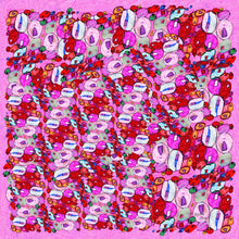 Load image into Gallery viewer, Pink Bubbles This playful design which originated as a cartoon drawing of bubbles, is predominantly dark pink but also features red, aqua, orange, and white bubbles in all different sizes and shapes. Pops of contrasting colours accent each bubble. The scarf has a pink border, and the name “Marie Webb” is drawn near the corner in subtle black ink.
